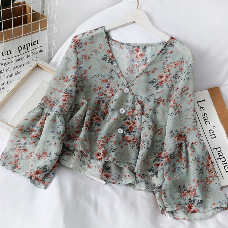 Chiffon Floral Blouses For Women Soft Retro Chic Ladies Shirts Temperament Fresh Popular Trendy Ulzzang Button Femme Clothing