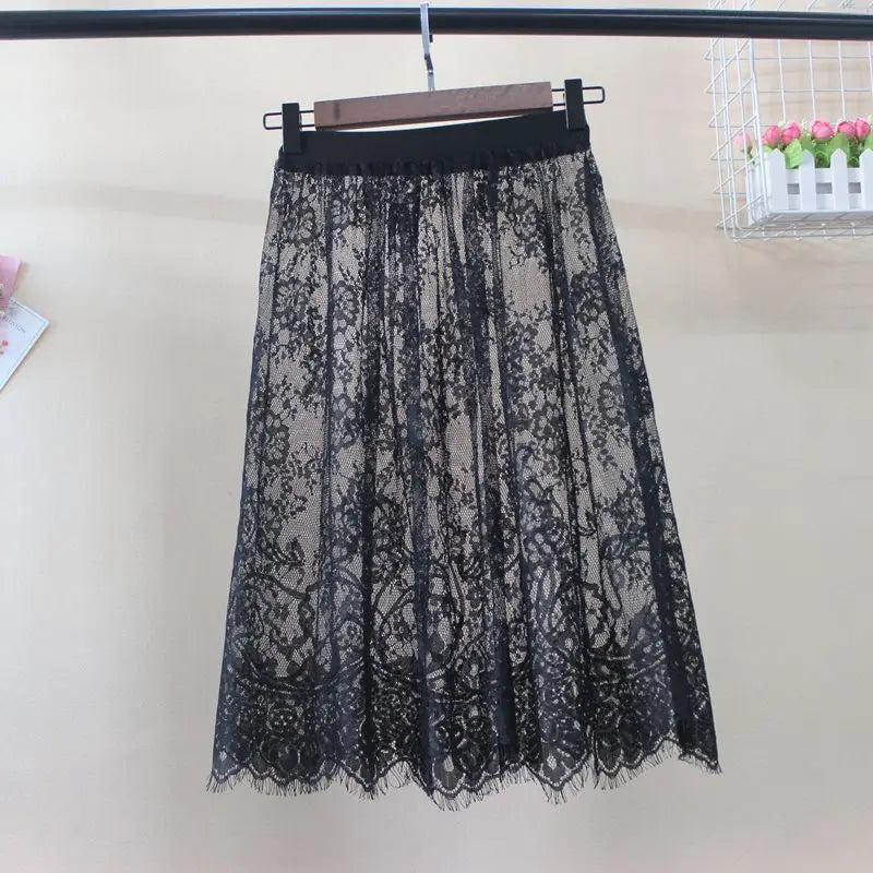 Hot Summer Women Lace Skirts Fashion Solid Casual Mesh Tulle Skirt Hollow Out Short Pencil Elegant Elastic Black White Skirt
