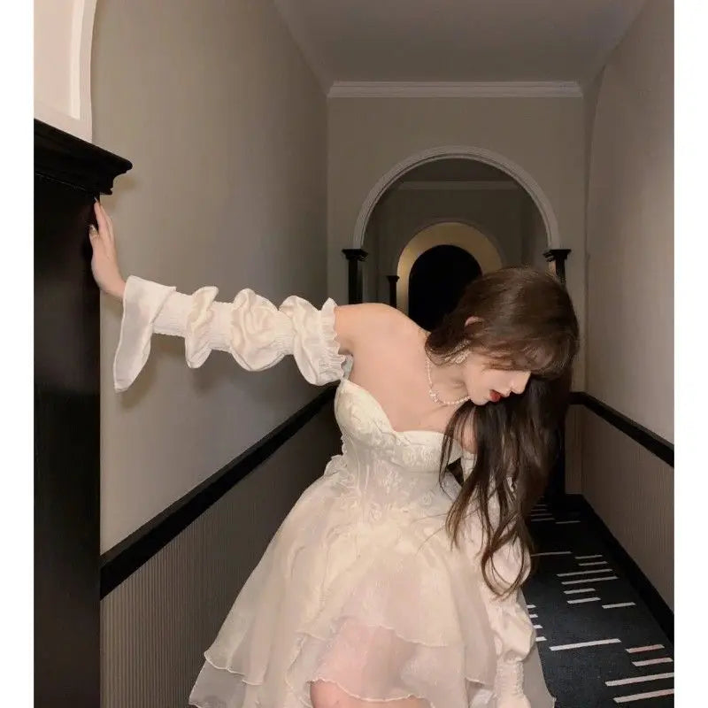 Elegant Ruffles Chic Fairy Dress Women White Sweet Korean Style Princess Dress Female 2025 Summer Slash Neck Casual Party Dress