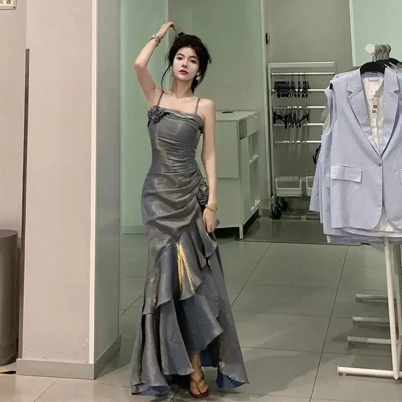 Korean Vintage Velvet Long Dress Women Luxury Slim Mermaid Spaghetti Strap Floral Dress Elegant Sexy Casual Evening Party Dress