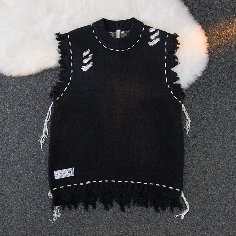 Sweater Vests Men Frayed Raw Edge Comfortable Sleeveless All-match Japanese Style Knitting Leisure Daily Chic Aesthetic Classic