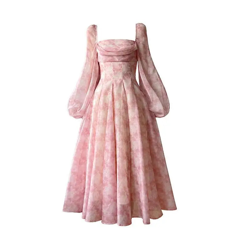 Pink Floral Dress Summer Woman Long Sleeve Chiffon Casual Midi Dress Even Party Elegant Formal Dress Beach Style 2026 Summer