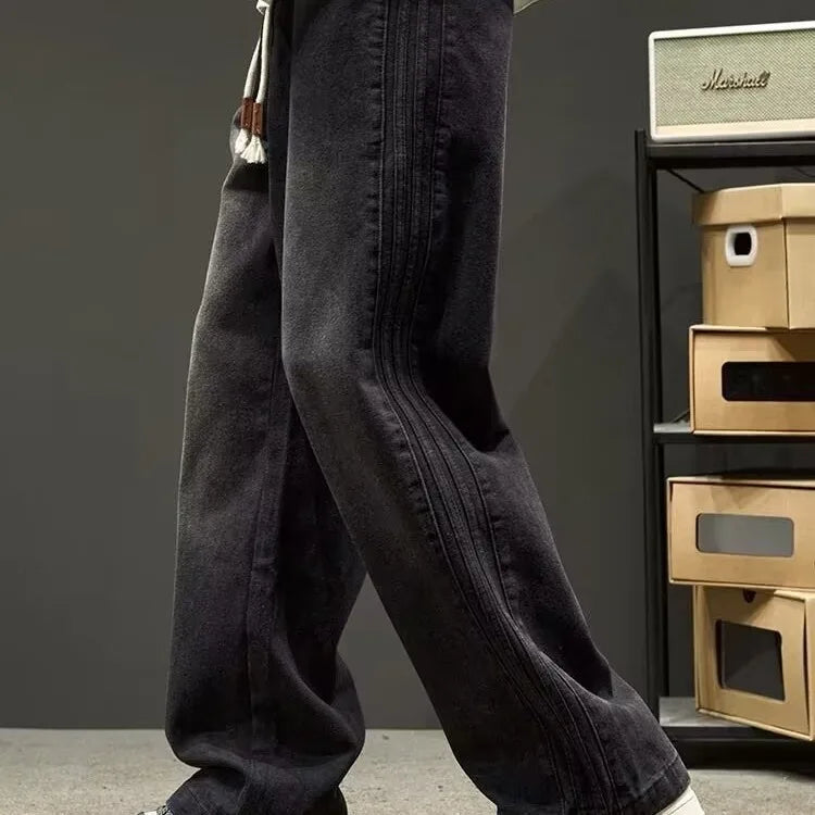 New American Retro Black Straight-leg Jeans For Men High-street Washed Fashionable Loose Wide-leg Floor-length Trousers Clothing