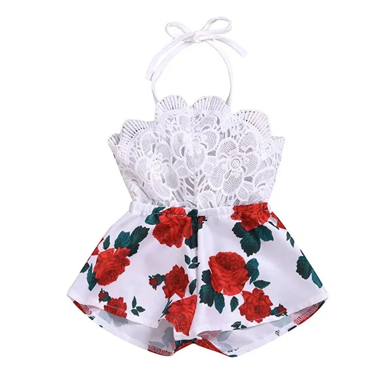 Newborn Baby Girl Clothes Sleeveless Lace Flower Print Strap Romper Jumpsuit One-Piece Outfit Summer Clothes