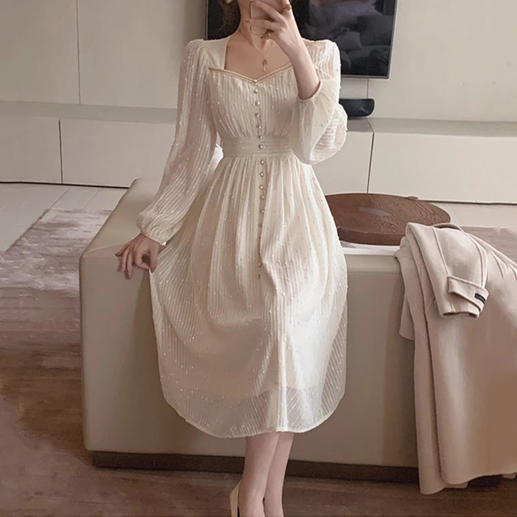 2026 Summer New Women Fashion Elegant White Midi Dresses Vintage Princess Female Party A Line Clothes Prom Robe Vestdios