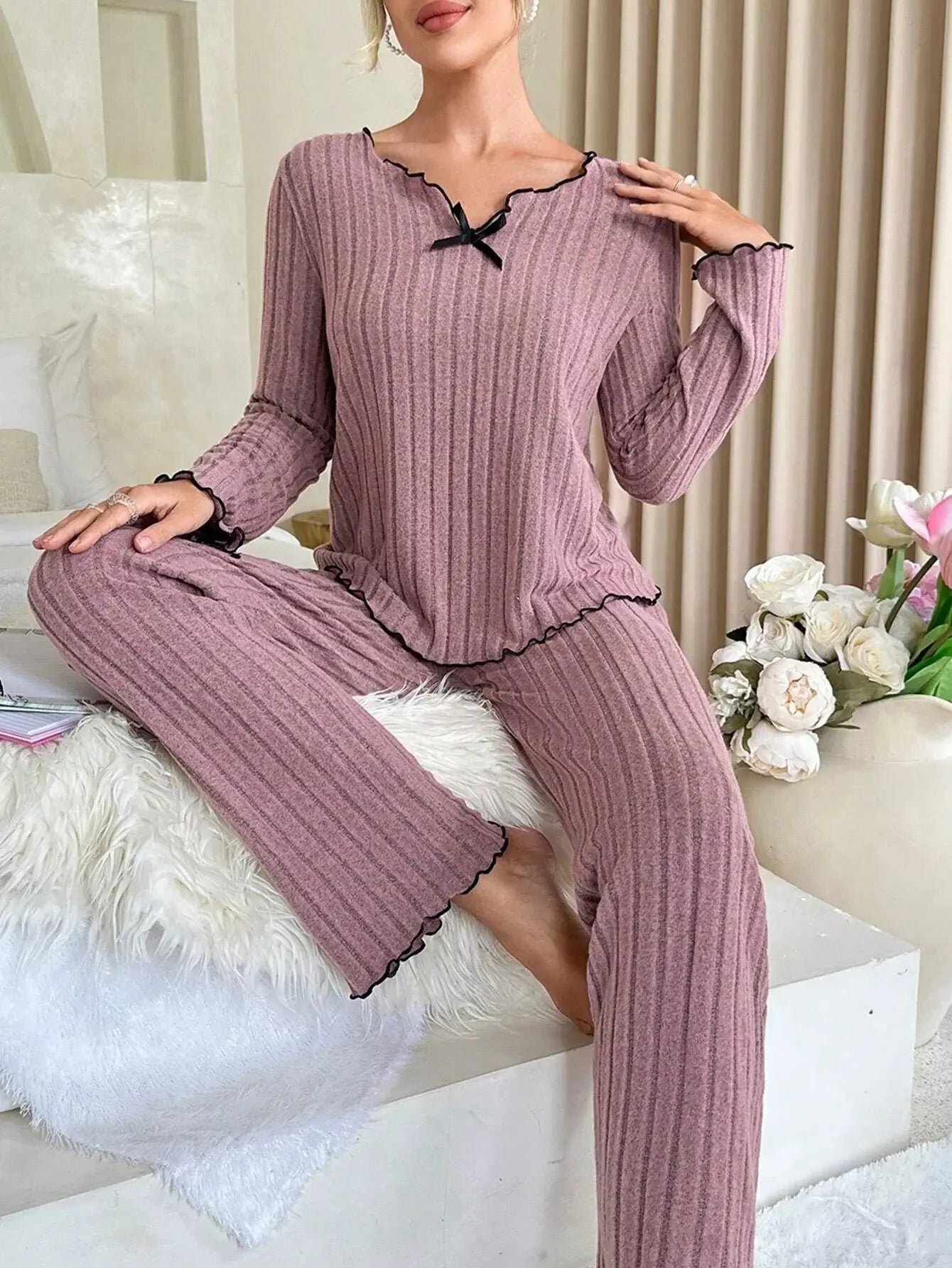 Women Autumn Winter Sleepwear Ribbed Pajamas Set Long Sleeve Top and Long Pants 2 Piece Set Casual Home wear Loungewear