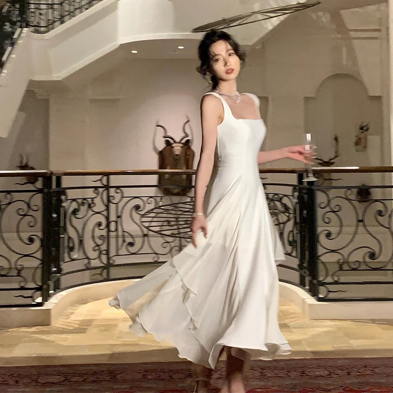 French Elegant Ruffles White Midi Dresses 2025 Summer New Evening Party Women Clothes Fashion Sundress Birthday Ladies Dress