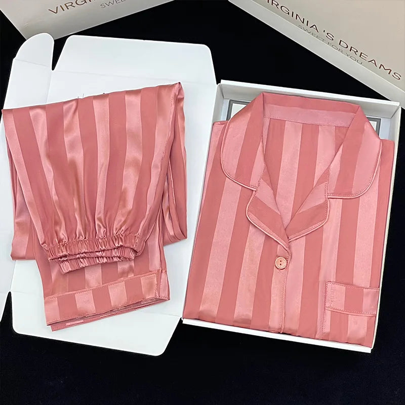 Women's Pajamas Sets Spring Autumn 2 Piece Striped Pajama Faux Silk Satin Sleepwear Long Sleeve Button Pajama Mujer Pjs Home wear