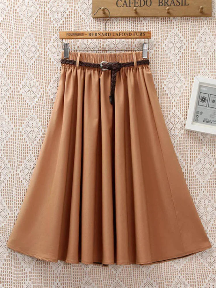 Midi Knee Length Summer Skirt Women With Belt Fashion Korean Ladies High Waist Pleated A-line School Skirt Female