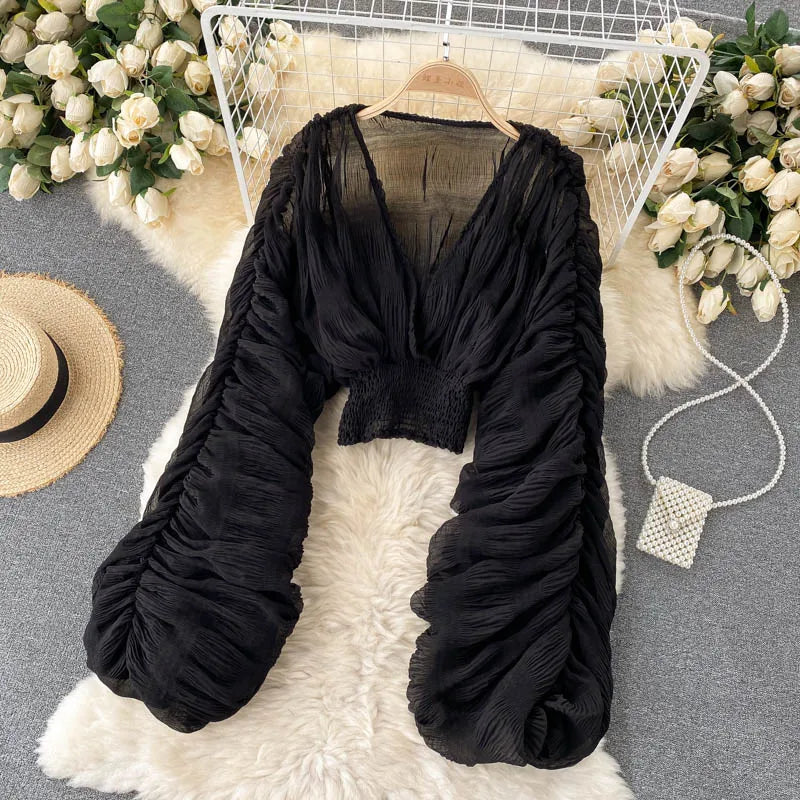 Women Sexy Chiffon Short Blouse Female See Through Super Long Sleeve Purple/Green/Black/White Folds Party Tops 2026 New