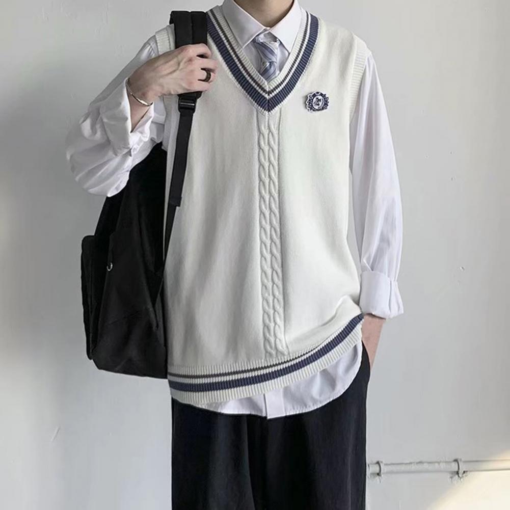 College Style Sleeveless V Neck Sweater Vest Autumn Winter Patchwork Color Twist Men Knitted Vest Daily Clothing