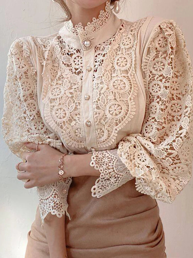 Women Chiffon Button Turtleneck Shirt Chic Elegant Floral Lace Fluffy Long Sleeve Top Fashion Hollow Oversize White Blouse 2025