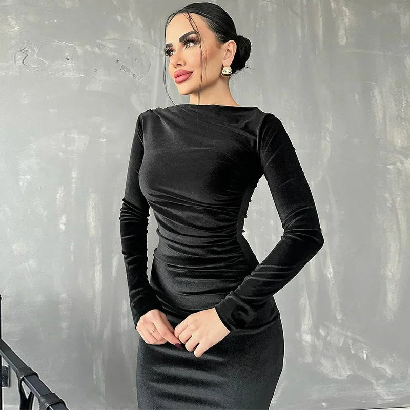 BWQ 2026 Spring Summer Velvet Long Sleeve Midi Dress For Women Ruched Long Dress Elegant Party Clothes Evening Green Outfits