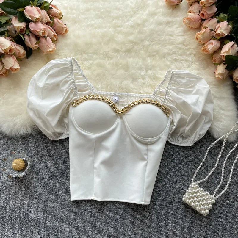 Belly Button Shirt Chic Chain Off Shoulder Expose Clavicle Tank Top Summer Puff Sleeve Crop Tops Women Elegant Sexy Slim Blouses