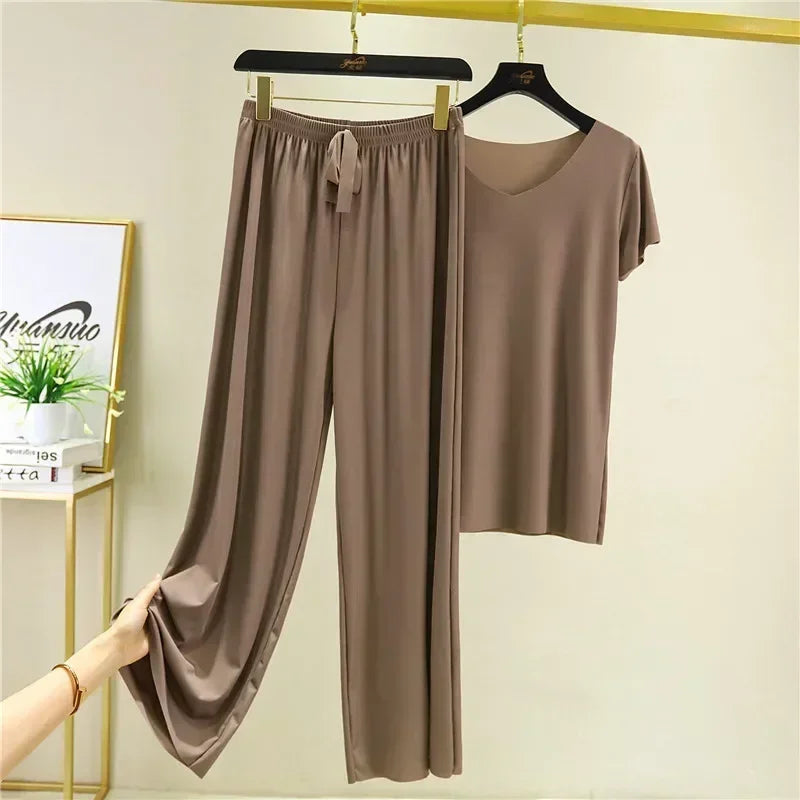 Female Home Clothes 2 Pieces Set Lady Home Suit Summer Women Lounge Wear Autumn Loose Home wear Suit for Women Pajamas Pants Set
