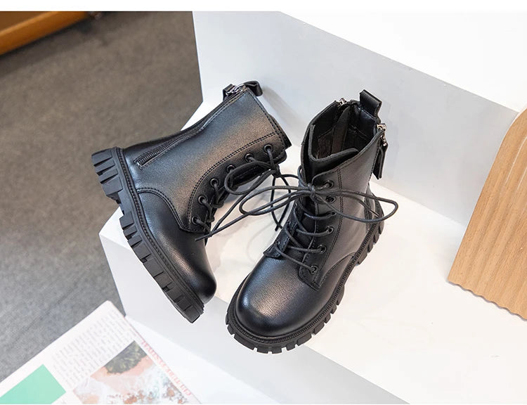 Girls Boots Simple Non-slip Back Zipper Summer Breathable Versatile Soft Autumn Winter Black Children Leather Boots 2025 New