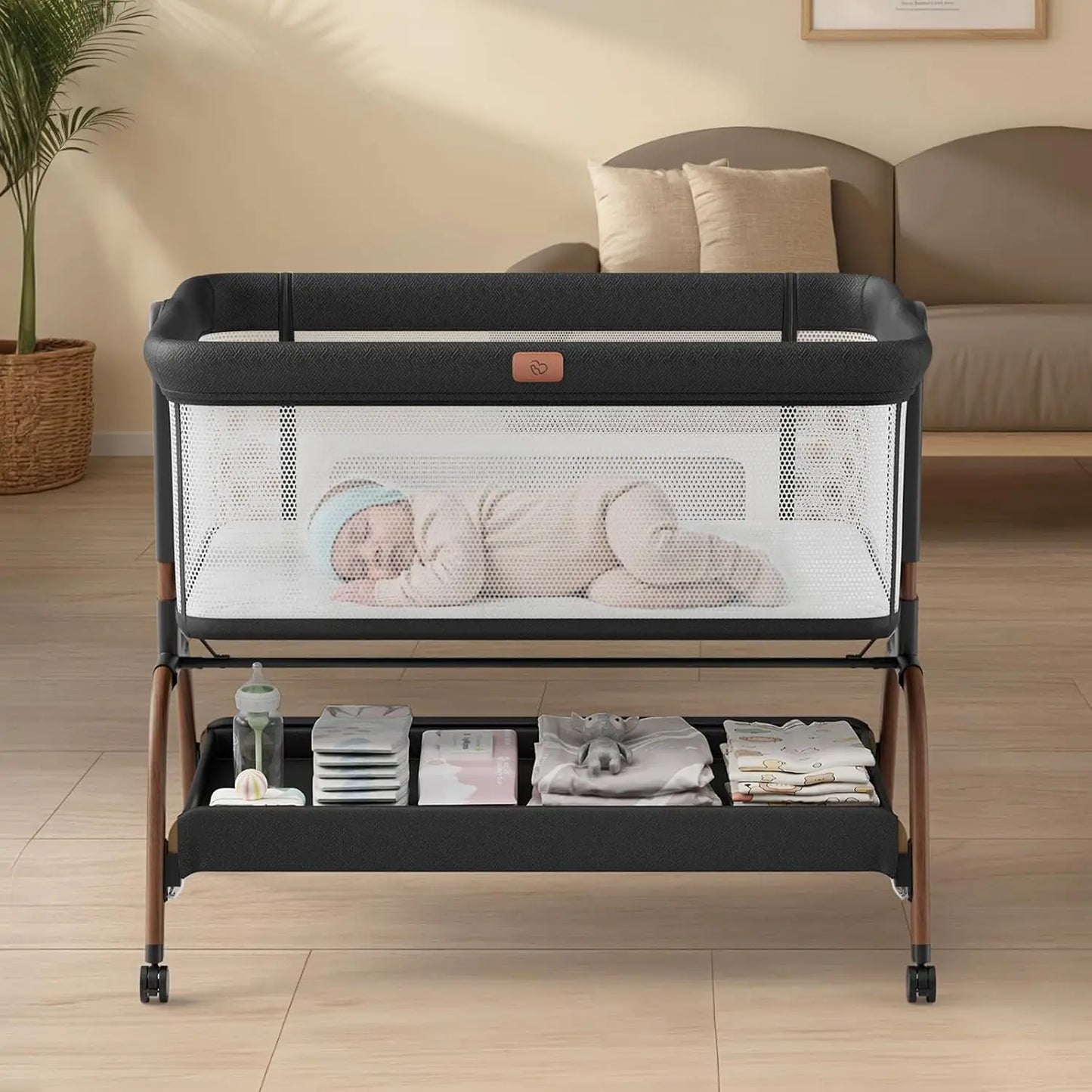 Baby Crib Headboard Shaker with Mattress and Soft Breathable Bed Sheet, Fully Mesh Side, 6 Adjustable Heights, 3 in 1