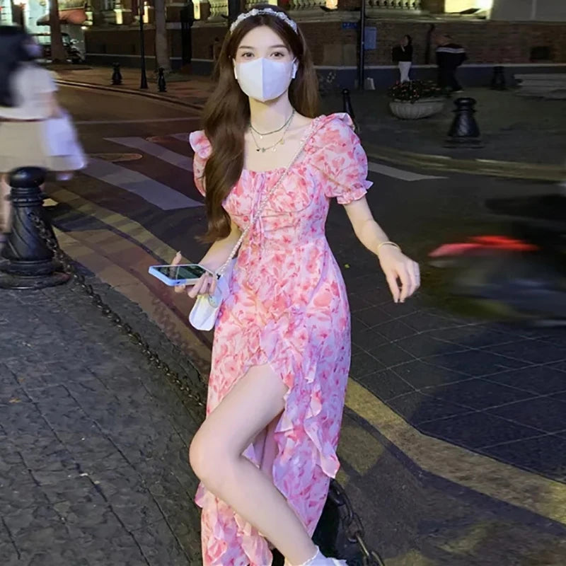 Short Sleeve French Elegant Dress Beach Floral One Piece Beach Midi Dress