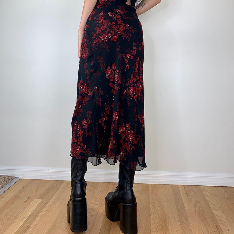 Combhasaki Women's Y2K Retro Vintage Floral Printed High Waist Ruffled Elegant Elastic Waist Long Skirts Street Style Bottoms