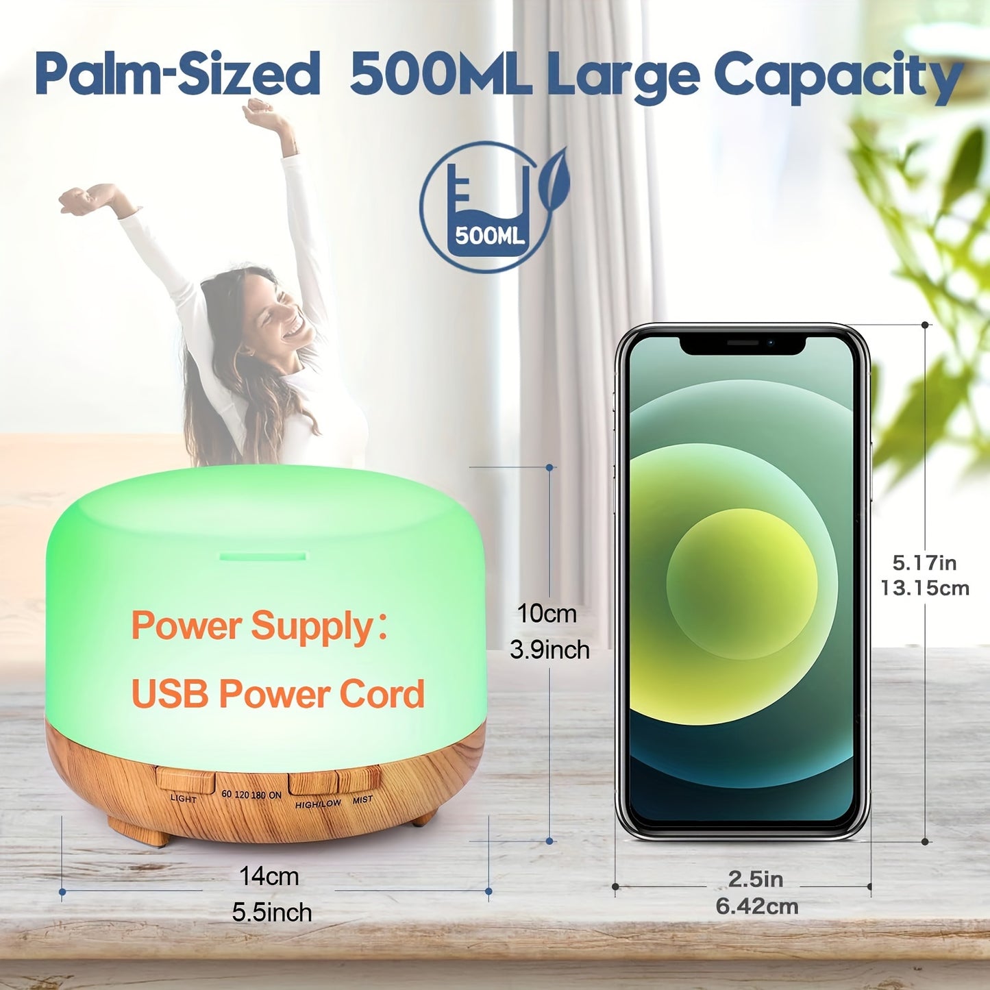 500ML Auto Shut Off Aroma Diffuser With 6 Bottle 10ML Essential Oil Set, Oil Set For Home Office Bedroom