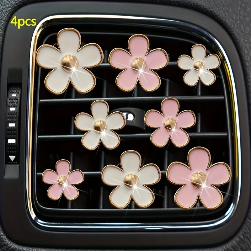 4pcs Set Cute Daisy Alloy Car Vent Clips with Scented Pads - Fresh Aroma Diffuser & Exhaust Decor Accessories