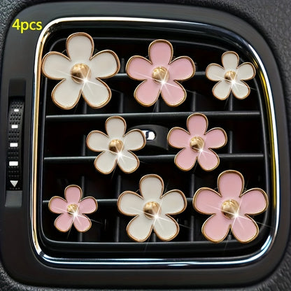 4pcs Set Cute Daisy Alloy Car Vent Clips with Scented Pads - Fresh Aroma Diffuser & Exhaust Decor Accessories