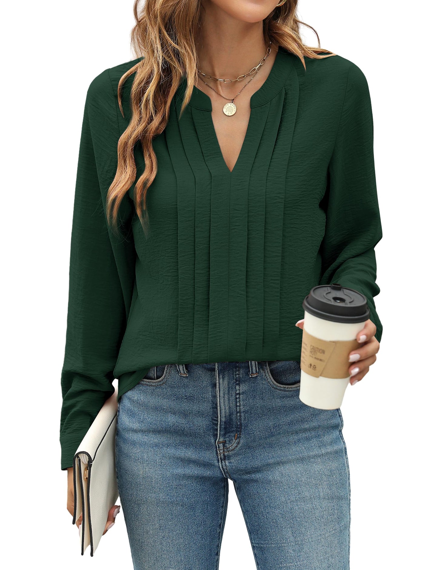 Blooming Jelly Women's Dressy Casual Blouses Business Work Chiffon Tops Trendy Long Sleeve V Neck Pleated Shirts 2024 Fall Outfits (Apricot, Large)