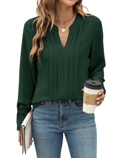 Blooming Jelly Women's Dressy Casual Blouses Business Work Chiffon Tops Trendy Long Sleeve V Neck Pleated Shirts 2024 Fall Outfits (Apricot, Large)