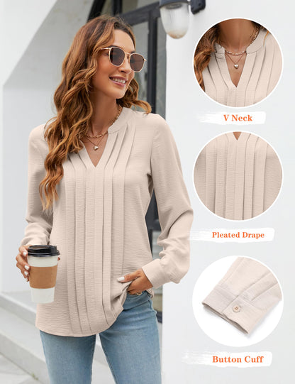 Blooming Jelly Women's Dressy Casual Blouses Business Work Chiffon Tops Trendy Long Sleeve V Neck Pleated Shirts 2024 Fall Outfits (Apricot, Large)