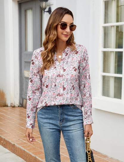 Blooming Jelly Women's Dressy Casual Blouses Business Work Chiffon Tops Trendy Long Sleeve V Neck Pleated Shirts 2024 Fall Outfits (Apricot, Large)