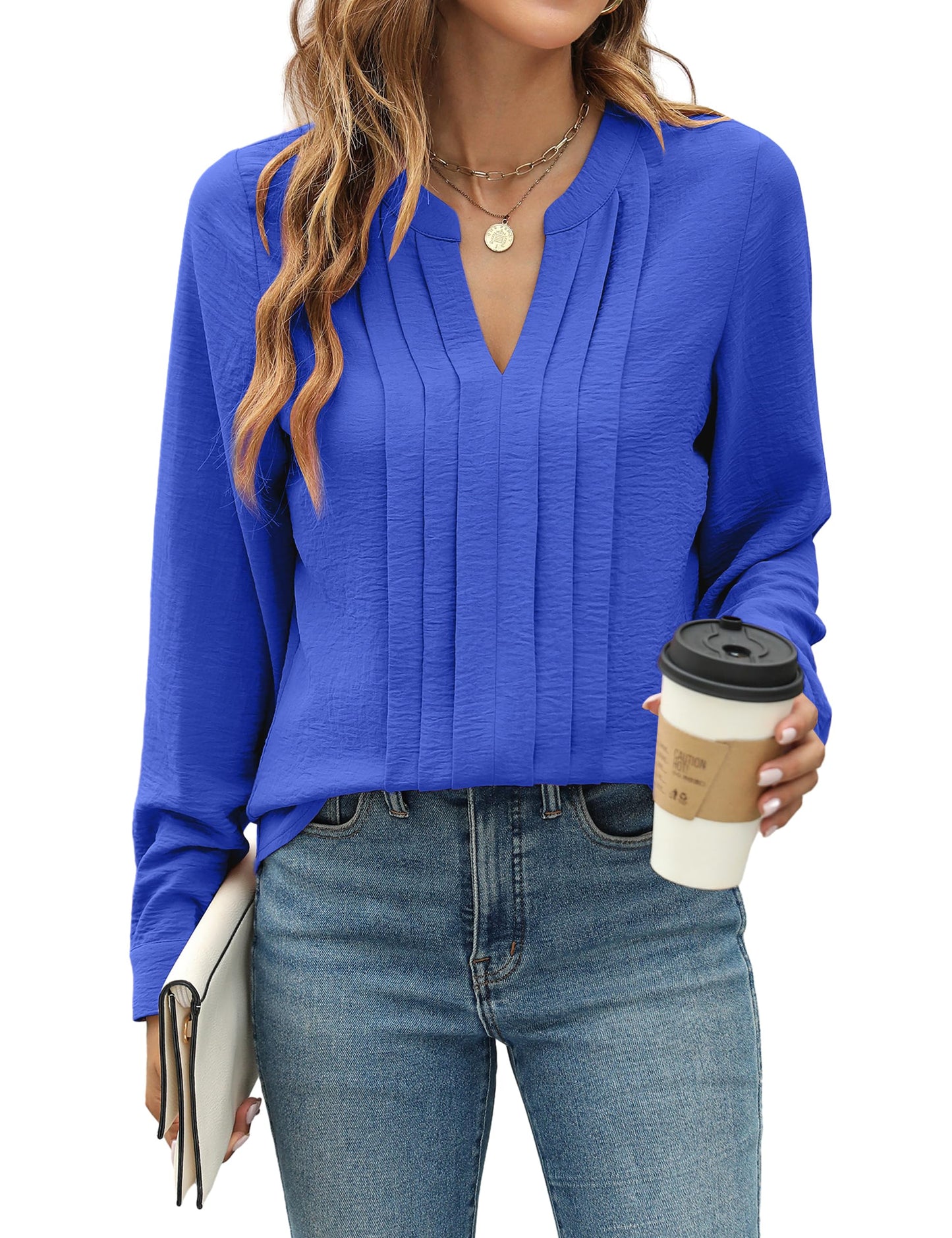 Blooming Jelly Women's Dressy Casual Blouses Business Work Chiffon Tops Trendy Long Sleeve V Neck Pleated Shirts 2024 Fall Outfits (Apricot, Large)