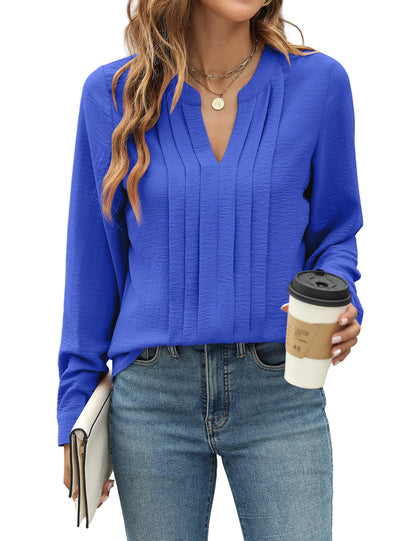 Blooming Jelly Women's Dressy Casual Blouses Business Work Chiffon Tops Trendy Long Sleeve V Neck Pleated Shirts 2024 Fall Outfits (Apricot, Large)