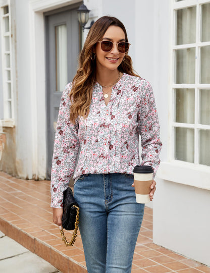 Blooming Jelly Women's Dressy Casual Blouses Business Work Chiffon Tops Trendy Long Sleeve V Neck Pleated Shirts 2024 Fall Outfits (Apricot, Large)