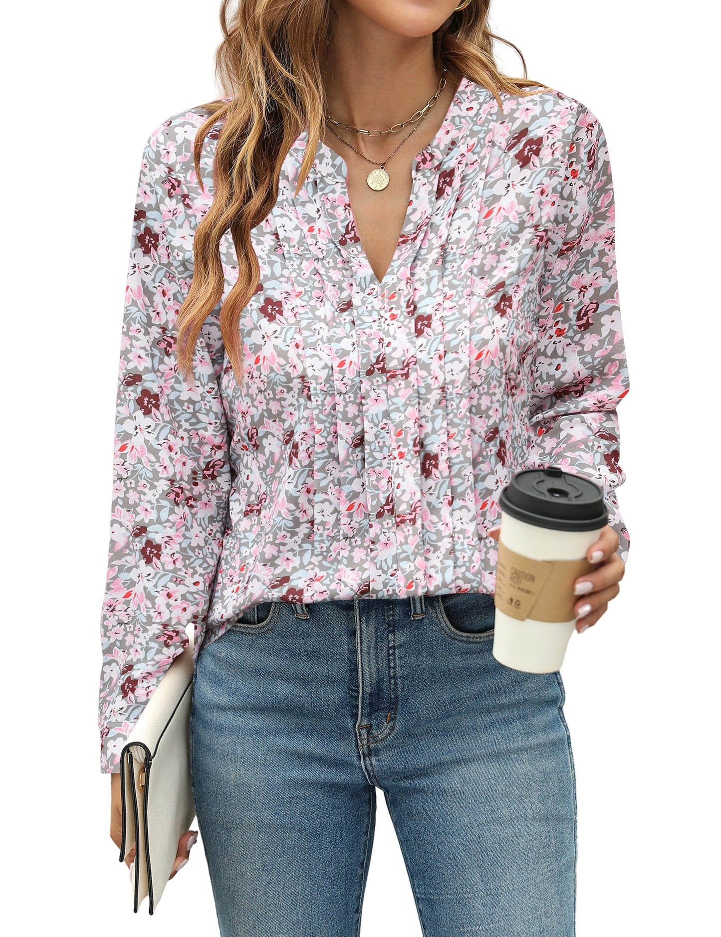 Blooming Jelly Women's Dressy Casual Blouses Business Work Chiffon Tops Trendy Long Sleeve V Neck Pleated Shirts 2024 Fall Outfits (Apricot, Large)