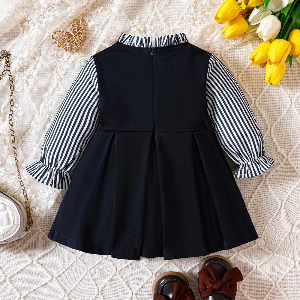 Preppy Style Baby Dress Toddler Girls Round Neck Long-sleeved Patchwork One-piece Children Dress