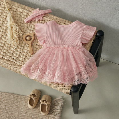 Baby Girl 2 Piece Outfits Mesh Lace Patchwork Ruffle Romper Dress and Headband Cute Fashion Summer Clothes