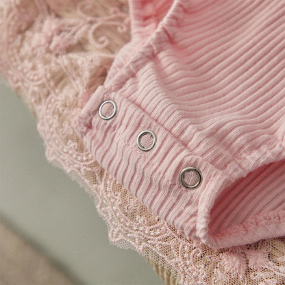 Baby Girl 2 Piece Outfits Mesh Lace Patchwork Ruffle Romper Dress and Headband Cute Fashion Summer Clothes