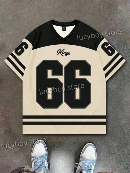 Men's 3D Numbers Printed Short Sleeve T Shirt Man V Neck Sportwear Brooklyn Racing Football Tee Vintage Casual Tops Men Clothes
