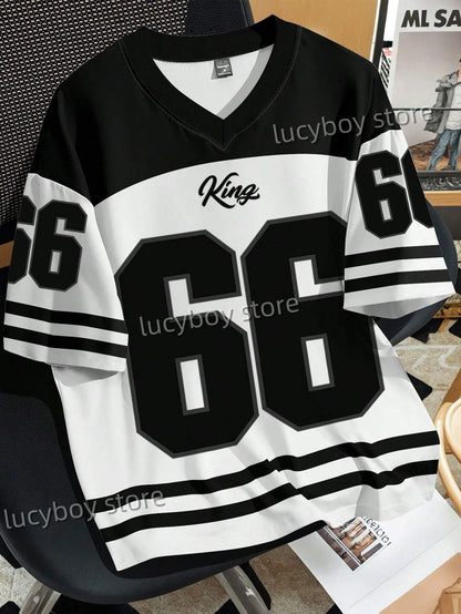 Men's 3D Numbers Printed Short Sleeve T Shirt Man V Neck Sportwear Brooklyn Racing Football Tee Vintage Casual Tops Men Clothes