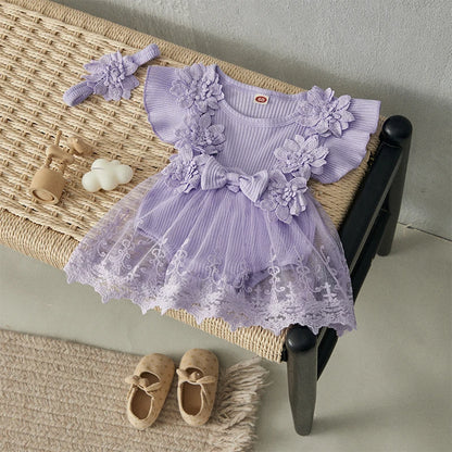 Baby Girl 2 Piece Outfits Mesh Lace Patchwork Ruffle Romper Dress and Headband Cute Fashion Summer Clothes