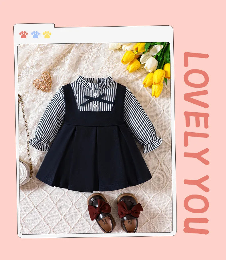 Preppy Style Baby Dress Toddler Girls Round Neck Long-sleeved Patchwork One-piece Children Dress
