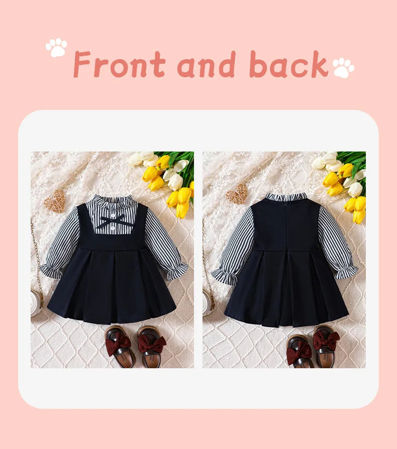 Preppy Style Baby Dress Toddler Girls Round Neck Long-sleeved Patchwork One-piece Children Dress