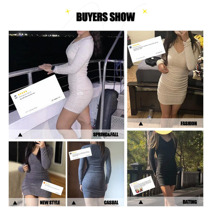 Mia Muse Women's Dresses Fall Winter Ribbed Knitted Slim Plain Sexy V-Neck Bodysuit Mini Casual Long Sleeve Short  Dresses