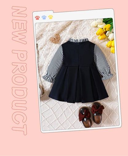 Preppy Style Baby Dress Toddler Girls Round Neck Long-sleeved Patchwork One-piece Children Dress