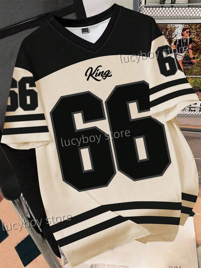 Men's 3D Numbers Printed Short Sleeve T Shirt Man V Neck Sportwear Brooklyn Racing Football Tee Vintage Casual Tops Men Clothes