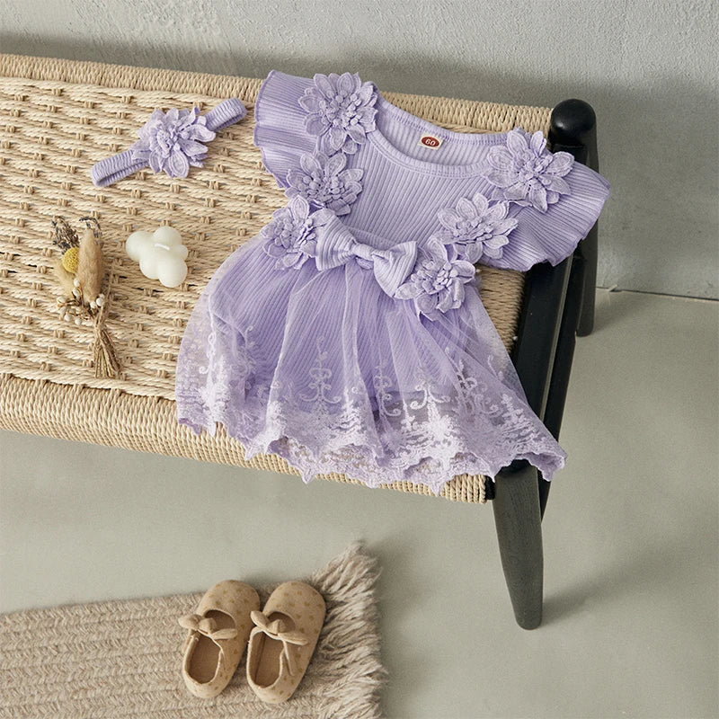 Baby Girl 2 Piece Outfits Mesh Lace Patchwork Ruffle Romper Dress and Headband Cute Fashion Summer Clothes