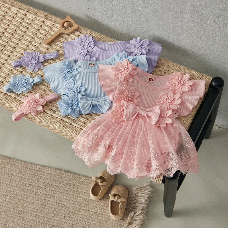 Baby Girl 2 Piece Outfits Mesh Lace Patchwork Ruffle Romper Dress and Headband Cute Fashion Summer Clothes