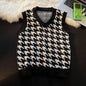 Men Houndstooth Sweater Vests Vintage Sleeveless V-neck Knitwear College Students Couple Loose Outwear Suester Para Hombre Chic