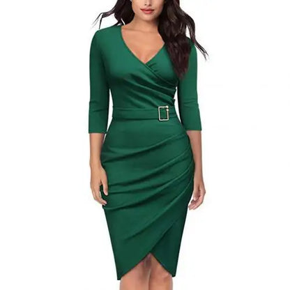 Formal Dress Women Summer Solid Color 3/4 Sleeve Elegant Dress High Waist Belted Irregular Pencil Dress Red