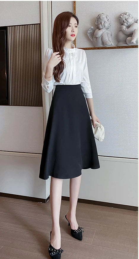 Women Skirts High Waist Knee-length A-line Black Skirt Casual All-match Elegant Ladies Gentle Ulzzang Trendy Solid Streetwear OL